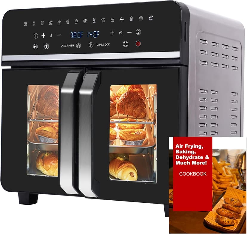 24Qt Large Air Fryer Oven French Door 15 in 1 Multi-Function Digital Controls Convection Oven Stainless Steel Dual Zone Electric Oven Toaster Combo with 13 Accessories & Cookbook