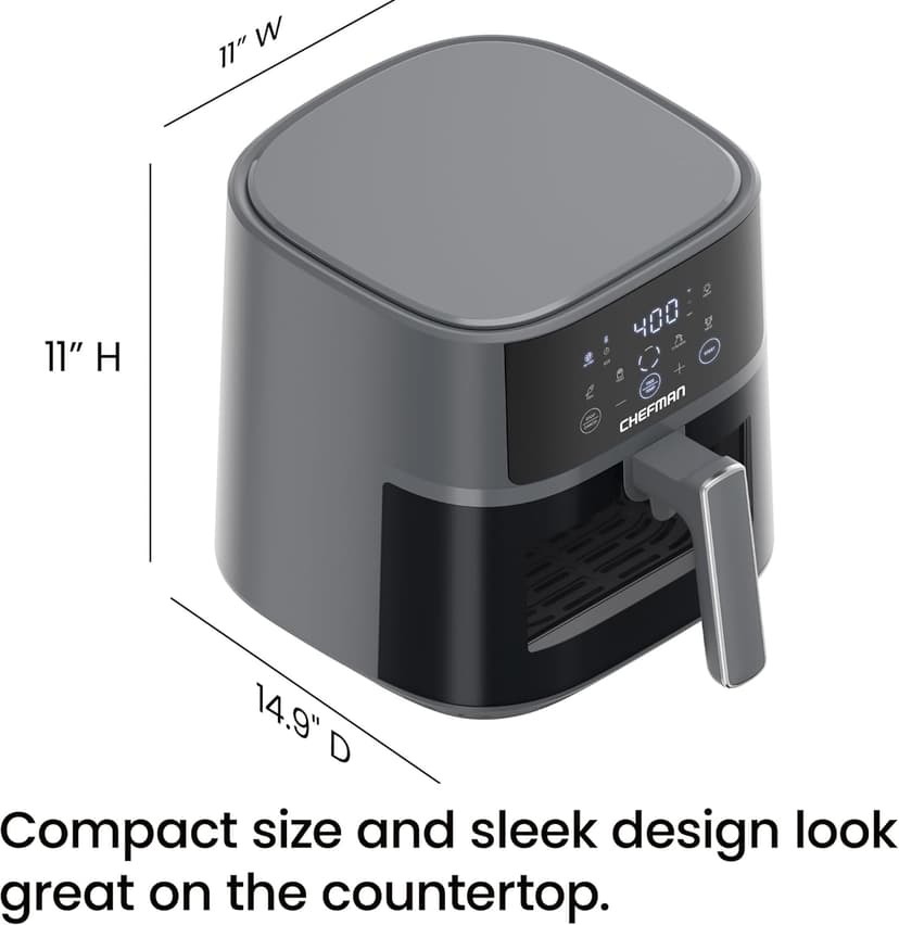 Chefman Air Fryer – 6 QT Compact Airfryer for Quick & Easy Meals, Features Hi-Fry Technology for Extra Crisp, Easy-View Window, Touch Controls with 4 Presets, Nonstick & Dishwasher Safe Basket - Grey