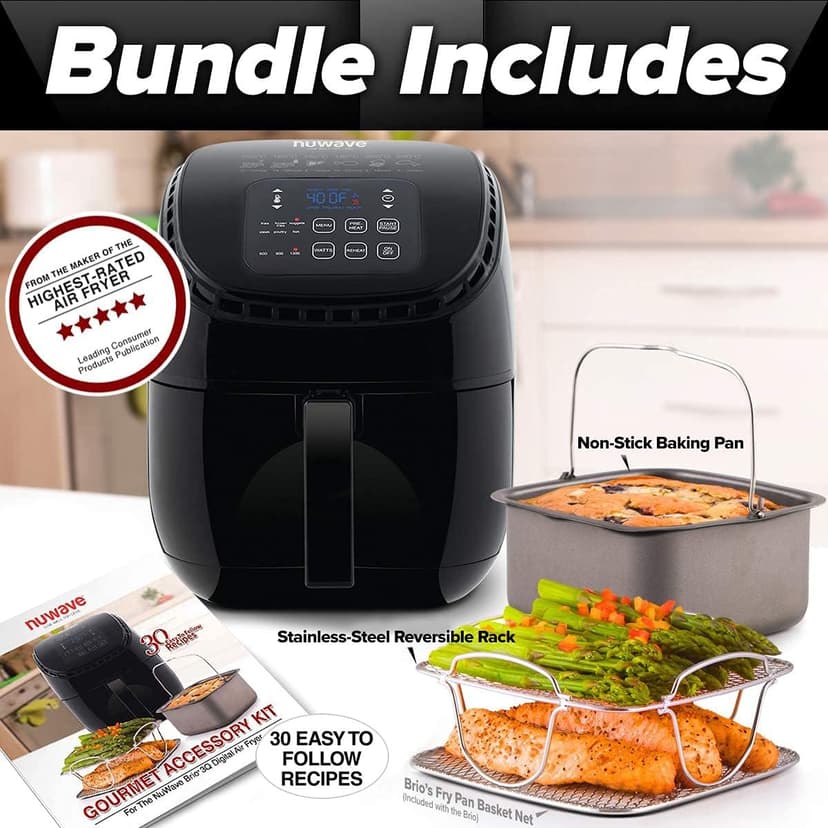 NUWAVE Brio 3-Quart Digital Air Fryer One-Touch Digital Controls, 6 Easy Presets, Precise Temperature Control, Recipe Book, Wattage Control, Preheat and Reheat