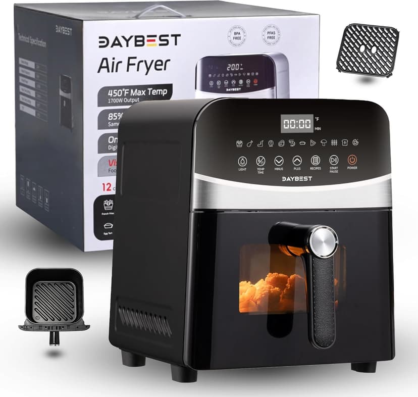 Ceramic Air Fryer Black Stainless Steel, DAYBEST 1700W Non Toxic Air Fryer Visible 6L with Top Bottom Heaters Less Flipping Auto Shut-off with Ceramic Coat Basket and Grill Pan (6L, Black)