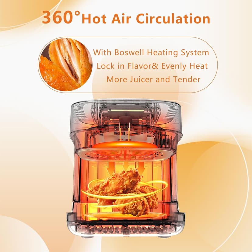 BOSWELL Glass Air Fryer, 4.5QT Transparent Fry Bowl, Circulating Heating, Non Toxic, Large Capacity Air Fryer Roast, Temperature Control Dishwasher Safe (Black)