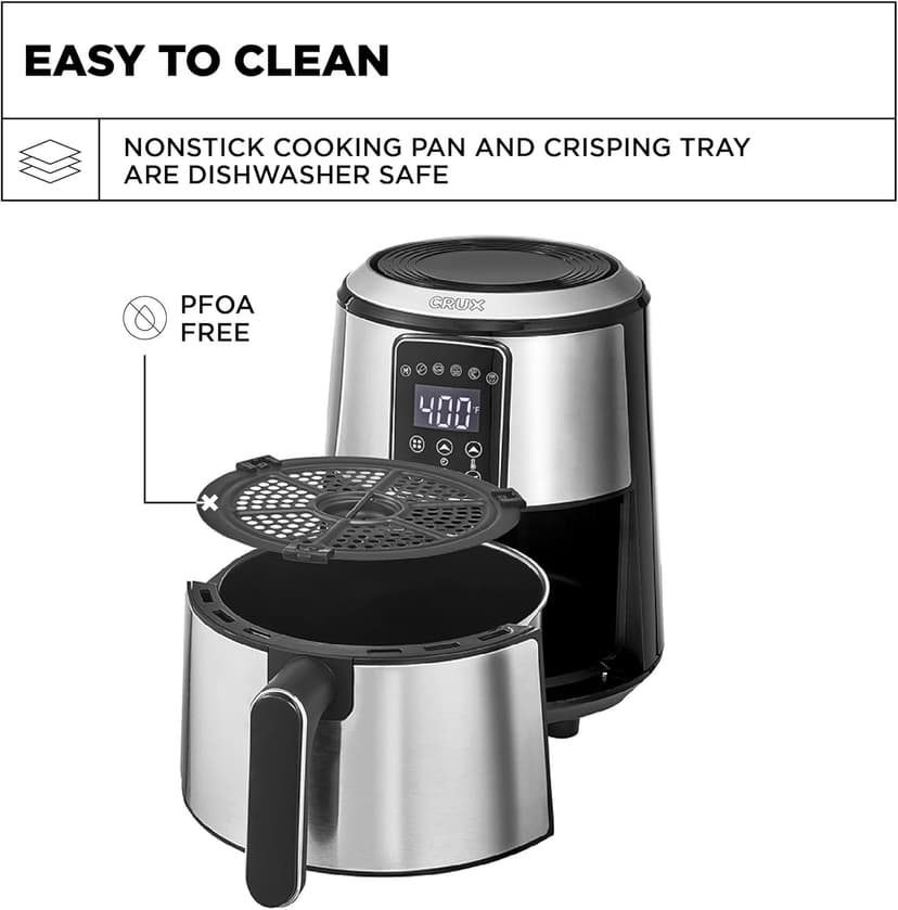 Crux 3QT Digital Air Fryer, Faster Pre-Heat, No-Oil Frying, Fast Healthy Evenly Cooked Meal Every Time, Dishwasher Safe Non Stick Pan and Crisping Tray for Easy Clean Up, Stainless Steel