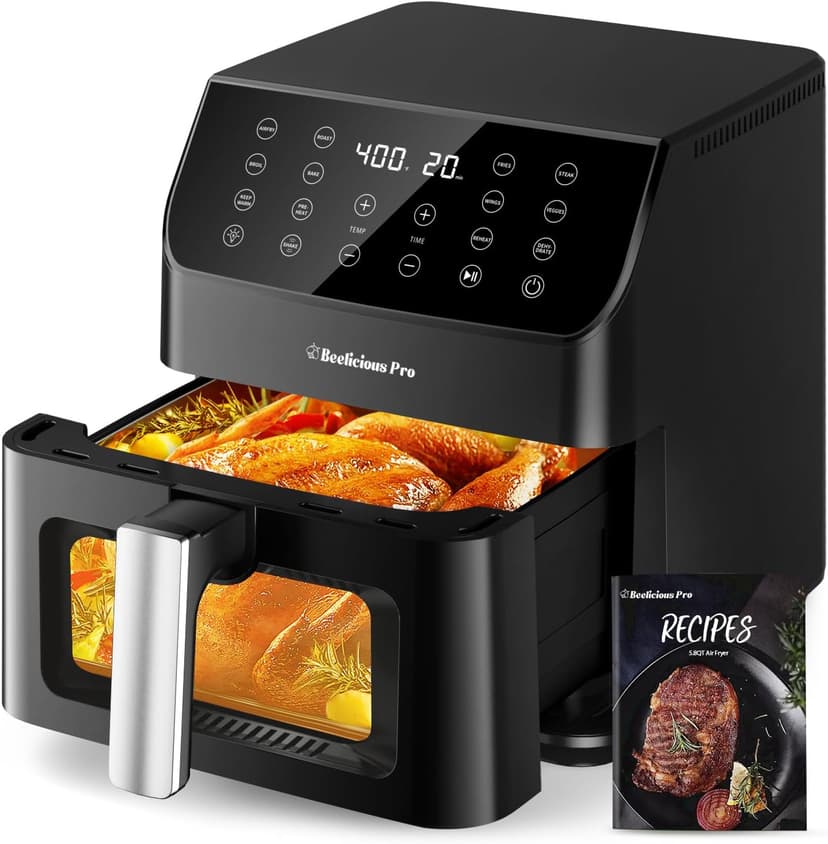 Beelicious 5.8QT Large Air Fryer, 12-in-1 Digital Airfryer with Clear Window, 40+ Recipes, Flavor-Lock Tech, Shake Reminder, Compact, Quiet, Dishwasher Safe, Nonstick (Black)