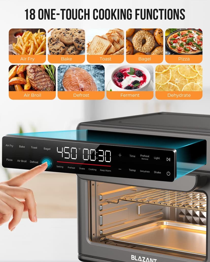 Large Capacity Toaster Oven Countertop, Dishwasher Safe Detachable Panel, 26QT Air Fryer Toaster Oven Combo, with Drumstick Grill, Air Fry, Crisp, Bake, Toast, Bagel, Pizza, Broil, Defrost, BLAZANT