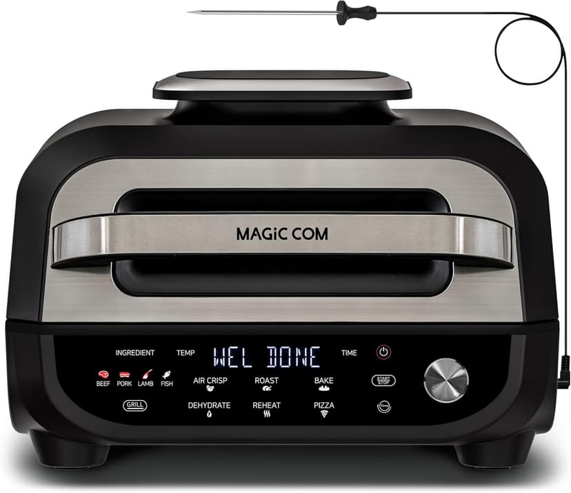 MAGiC COM Indoor Grill and Air Fryer, 7-in-1 Electric Grill with Steak, Roast, Air Crisp, Bake, Dehydrate, Pizza and Reheat. Smart Thermometer, Non-Stick, Dishwasher Safe/Black