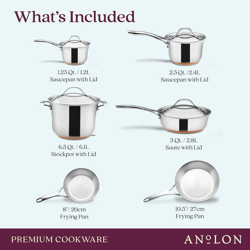 Anolon Nouvelle Stainless Steel Cookware Pots and Pans Set, 10 Piece