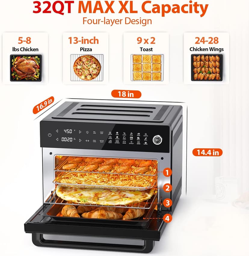 Aeitto® 32-Quart PRO Large Air Fryer Oven| Toaster Oven Combo | with Rotisserie, Dehydrator and Full Accessories | 19-In-1 Digital Airfryer | Fit 13" Pizza, 9pcs Toast, 1800w, Black