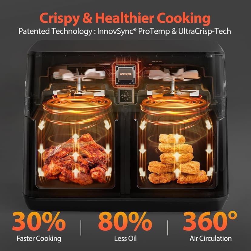 12QT Large Dual Air Fryer, 10-in-1 Double Zone Airfryer with 2×6QT Baskets, 60° Easy-Panel with Full Touchscreen, SyncCook Function, Viewing Window, Nonstick & Dishwasher Safe, 2 Dishes at Once, Black