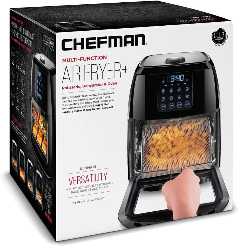 Chefman 6.3-Qt 4-In-1 Digital Air Fryer+, Rotisserie, Dehydrator, Convection Oven, XL Family Size, 8 Touch Screen Presets, BPA-Free, Auto Shutoff, Accessories Included, Black