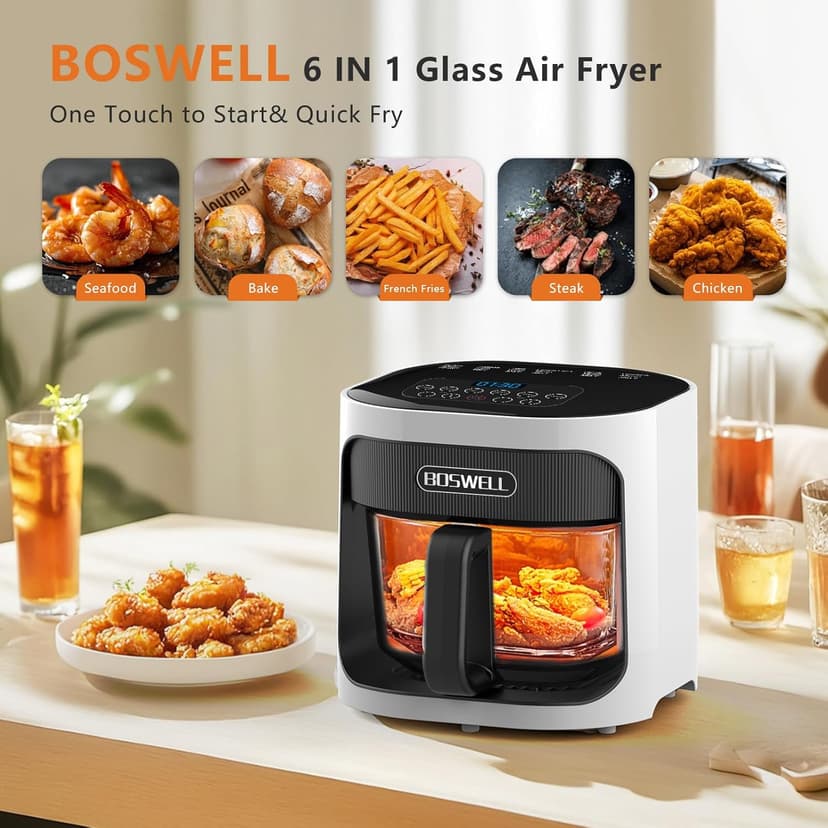 BOSWELL 4.5QT Glass Air Fryer, 6-in-1 Air Fryer with Transparent Fry Bowl, Circulating Air Heating, Bake, Broil, Air Fry, Temperature Control, Dishwasher Safe (White)