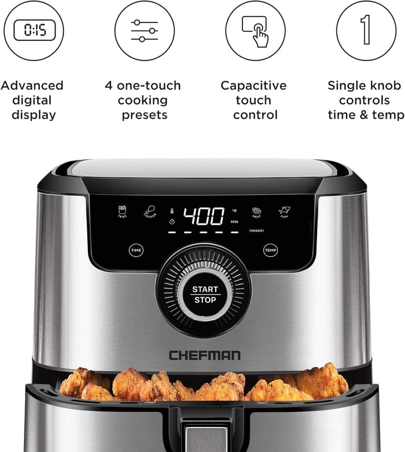 CHEFMAN Air Fryer Healthy Cooking, 4.5 Qt,User Friendly and Dual Control Temperature, Nonstick Stainless Steel, Dishwasher Safe Basket, w/ 60 Minute Timer & Auto Shutoff