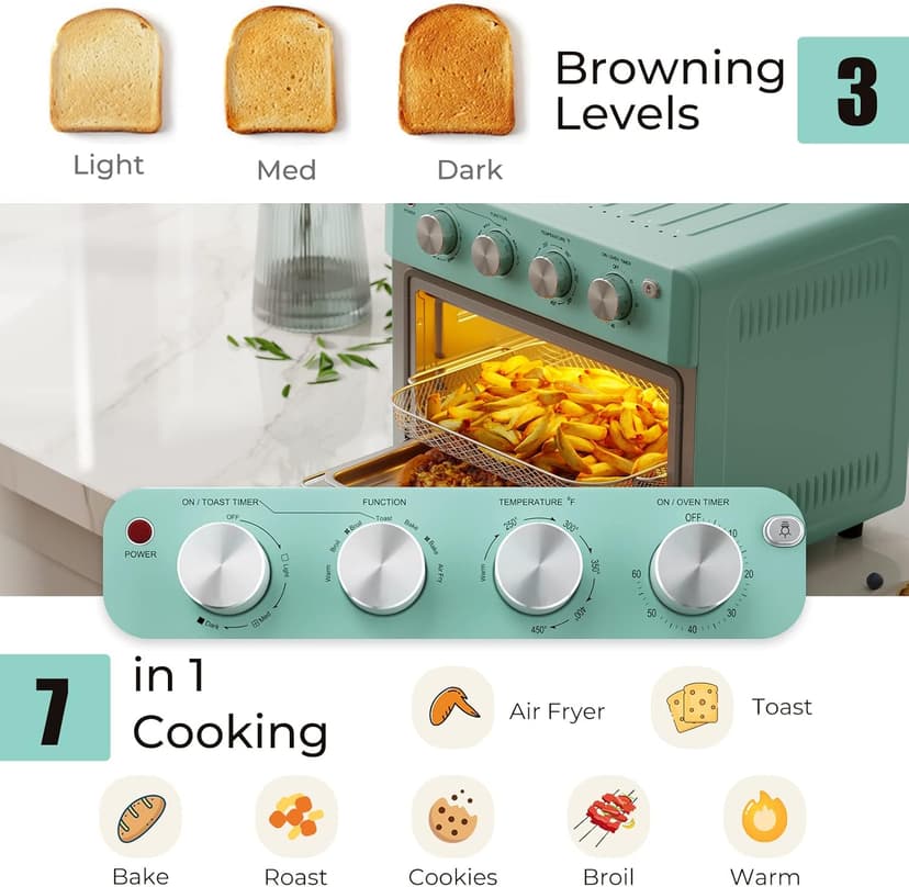 SIMOE 19QT Oven & Toaster, Retro Air Fryer + Convection Toaster Oven, 7 in 1 Combo with Bake, Toast, Broil & Warm Options, 5 Accessories & Recipe Book, Stainless Steel, 1550W, (Turquoise)