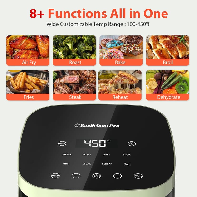 Air Fryer, Beelicious 8-in-1 Smart Compact 4QT Air Fryers, with Viewing Window, Shake Reminder, 450°F Digital Airfryer with Flavor-Lock Tech, Dishwasher-Safe & Nonstick,Fit for 1-3 People, Avo Green