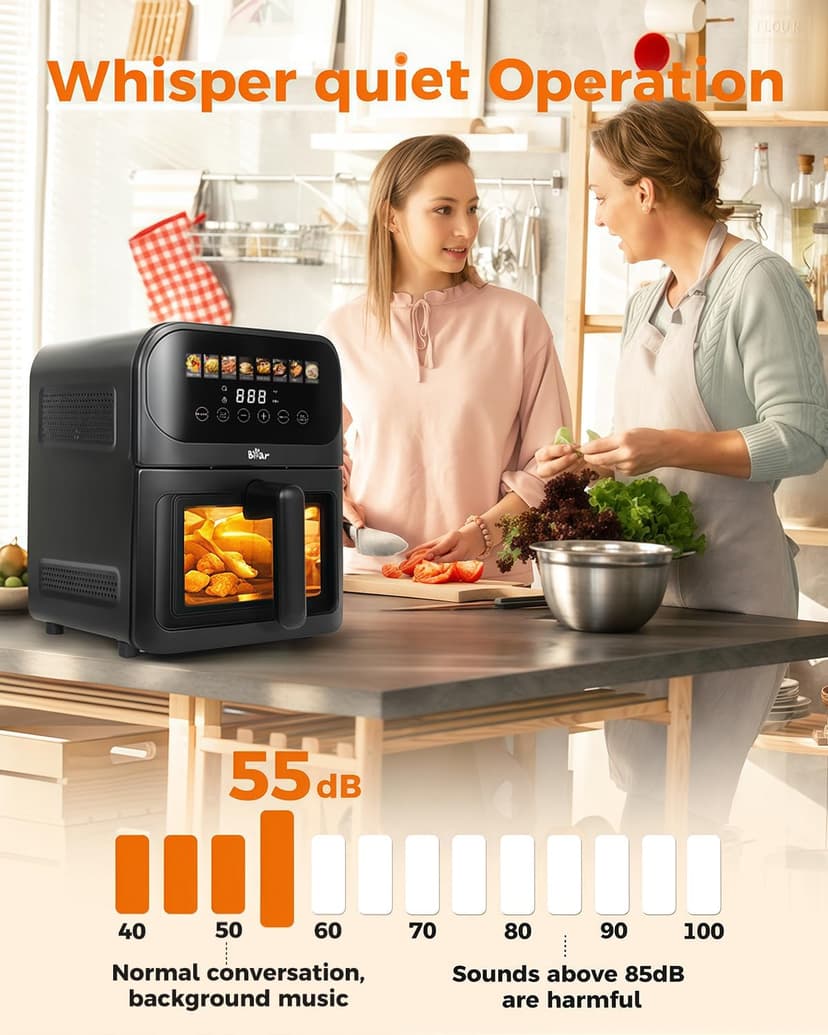 Bear Air Fryer, Stainless Steel Airfryer 8 Presets for Fast Family Meals, 6.4Qt Large Visible Window Temp Timer Adjustable Roast Bake Crisp French Fries Steak, Non Stick Basket Dishwasher Safe