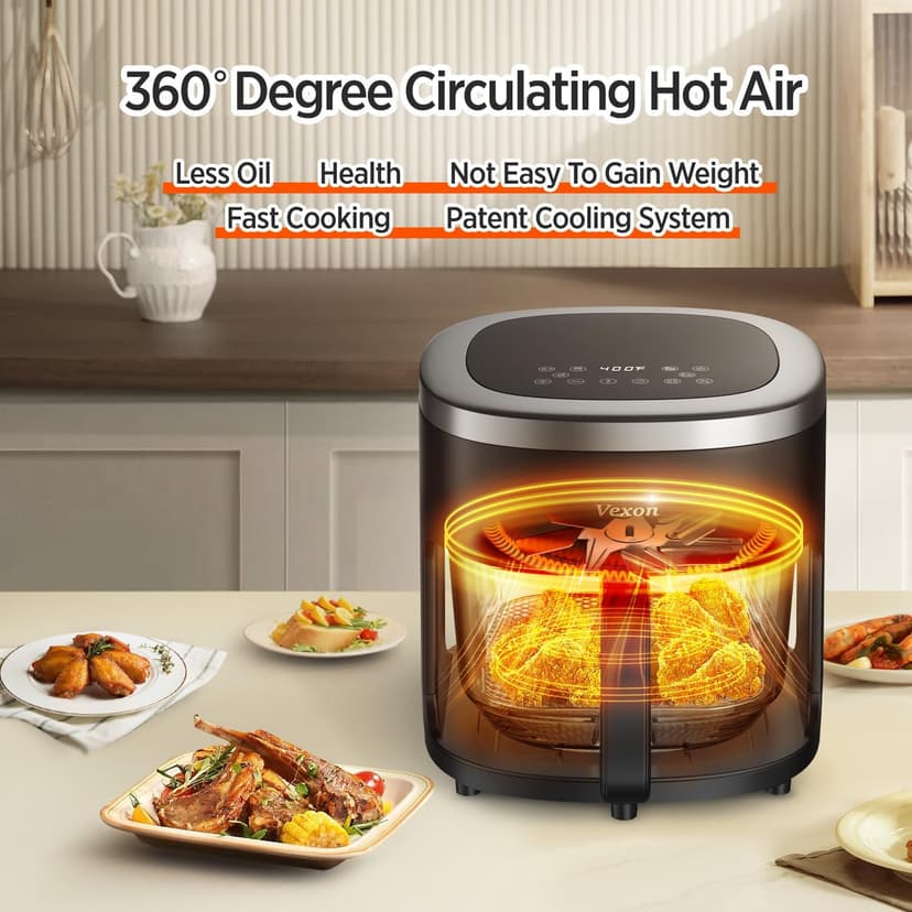 Vexon 6-IN-1 Glass Air Fryer,4.5QT Air Fryer with Viewing Glass Pot, Air Fry, Roast, Reheat, Dehydrate, Air Crisp Technology,Nonstick & Dishwasher Safe Basket,97% Less Oil,Features Digital Timer