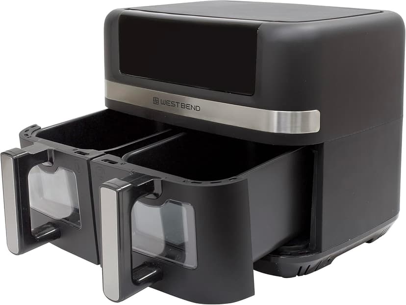 West Bend Air Fryer Dual Basket 10-Quart Capacity with Digital Controls View Windows and 15 Cooking Presets, Nonstick Frying Baskets, Dual Zone Features, 1600-Watts, Black