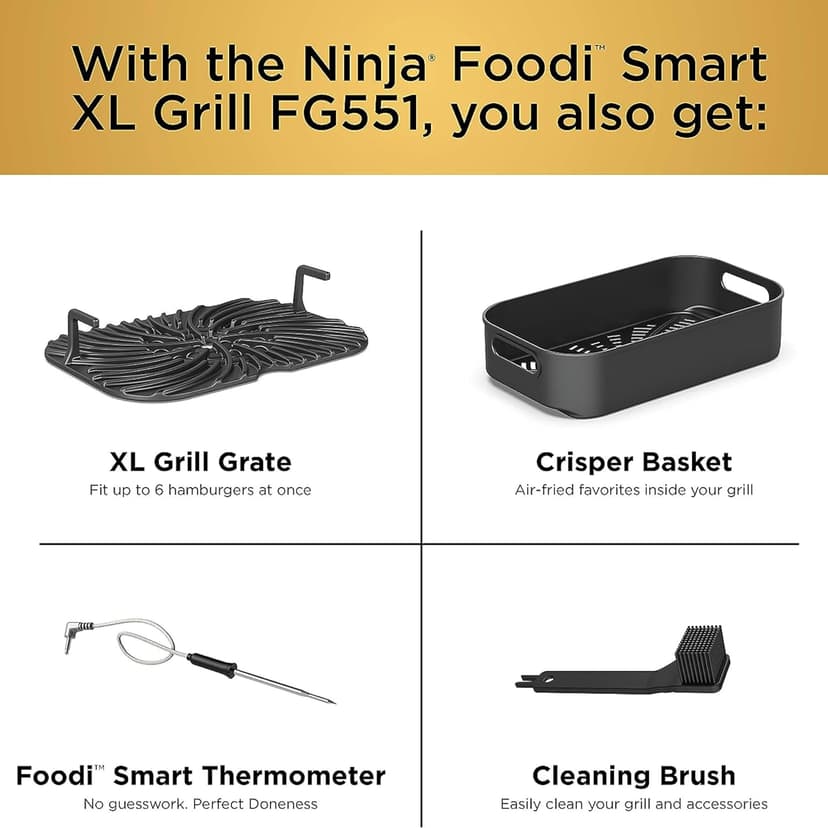 Ninja Indoor Grill, Foodi Smart XL 6-in-1 Indoor Grill with Air Fry, Roast, Bake, Broil & Dehydrate, Smart Thermometer, Black/Silver, FG551