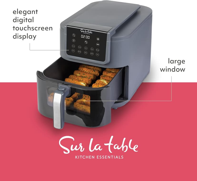 SUR LA TABLE KITCHEN ESSENTIALS 5-in-1 Compact 8-Quart Basket Air Fryer with Window for Easy Viewing, Digital Touchscreen Display with 10-Presets, Air Fry, Bake, Broil and Reheat in Minutes, 1500w