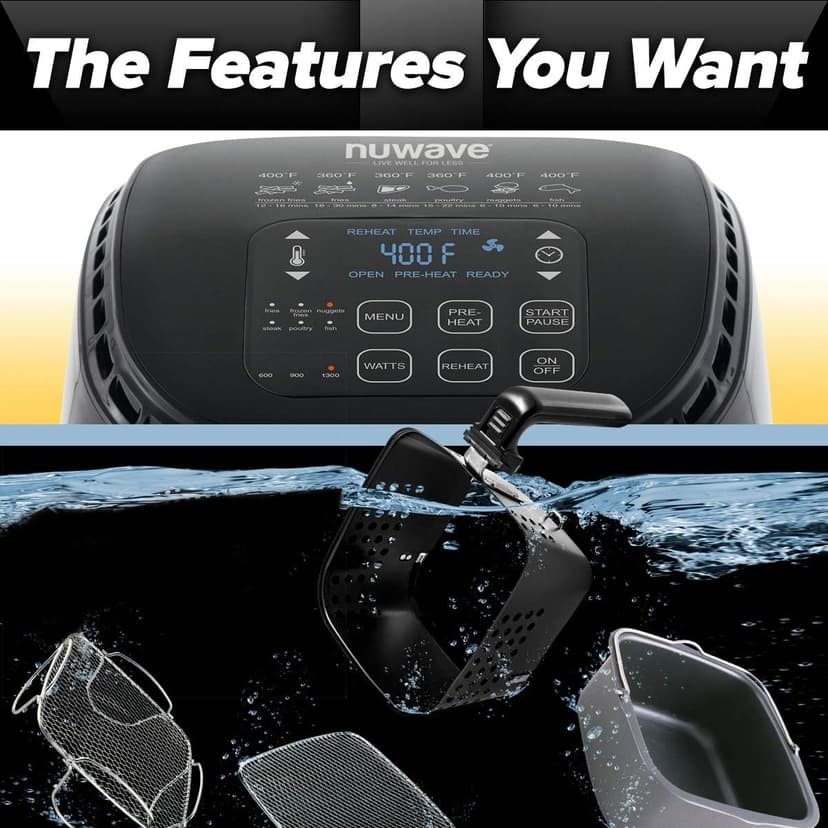 NUWAVE Brio 3-Quart Digital Air Fryer One-Touch Digital Controls, 6 Easy Presets, Precise Temperature Control, Recipe Book, Wattage Control, Preheat and Reheat