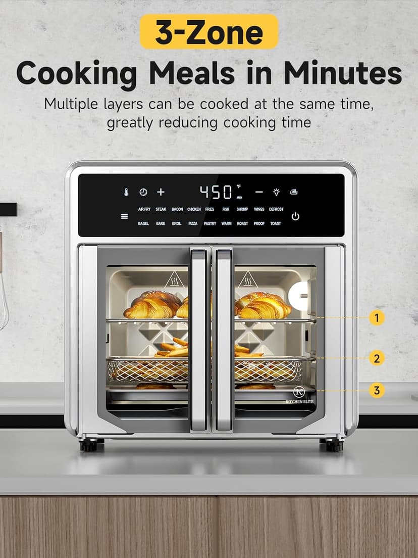 Air Fryer French Door Oven,15.8 Qt Toaster Oven Countertop Combo,18 Presets & 1 Preheat & Light, Airfryer Basket,Wire Rack,Baking Pan,Crumb Tray,Compact Design,Stainless Steel,Small