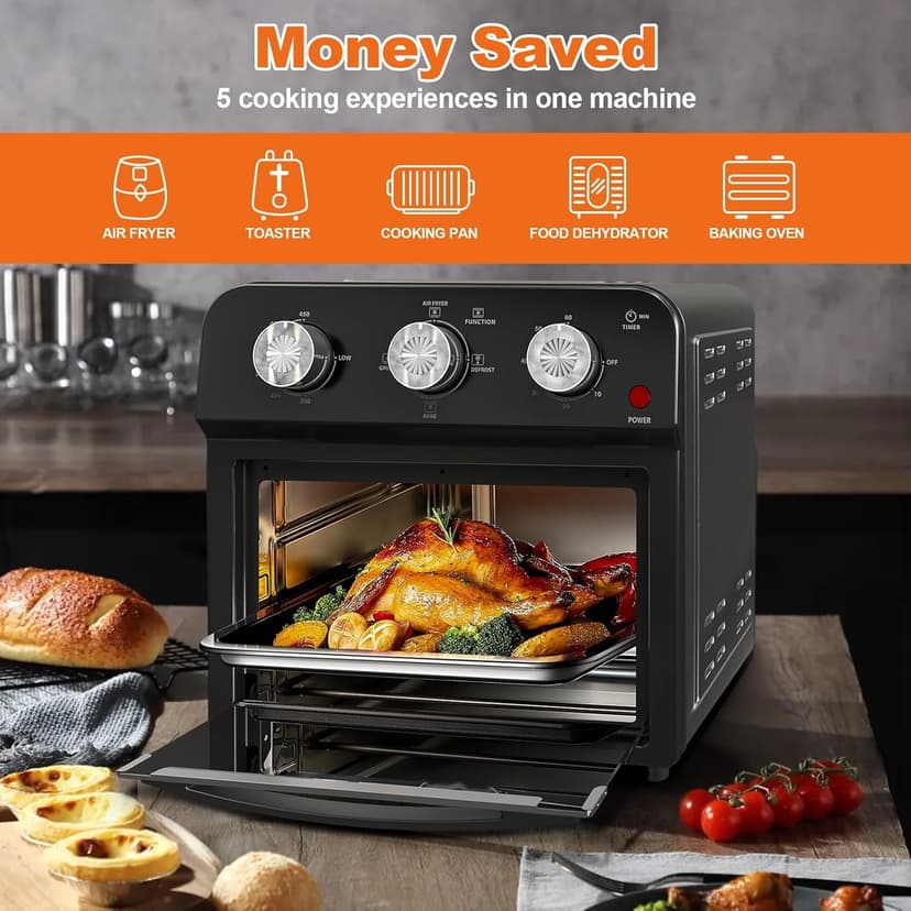 PlumChef 13 Quart 4 Slices Air Fryer Convection Toaster Oven, 1500W, 7 in 1 Multifunction with Roast, Bake, Grill, Broil, Toast, Dehydrate, Defrost (Dark Black)