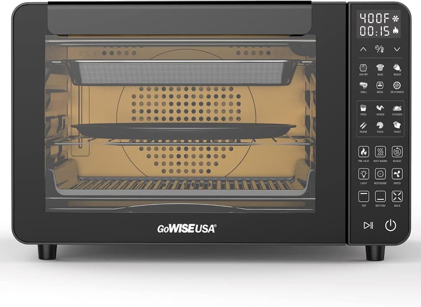 GoWISE USA 25-Quart Air Fryer Oven & Professional Dehydrator with 3 Heating Elements & Rotisserie, 12 Functions, Preheat & 5 Cooking Levels – Fits 12-Inch Pizza, 11 Accessories and Stainless Steel