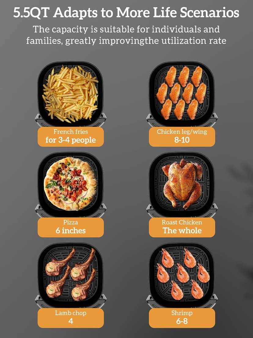 Kitchen Elite®Air Fryer Oven 5.5Qt, 6 Presets Digital Display Compact Cooker,Space-saving, Nonstick & Dishwasher Safe Basket, Stainless Steel
