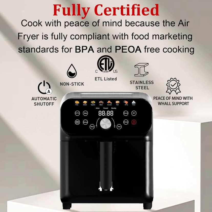 Air Fryer, 6QT Air Fryer Oven with LED Digital Touchscreen, 12 Preset Cooking Functions Air fryers, Bake, Reheat, Keep Warm, Nonstick and Dishwasher-Safe Basket, Stainless Steel/Black