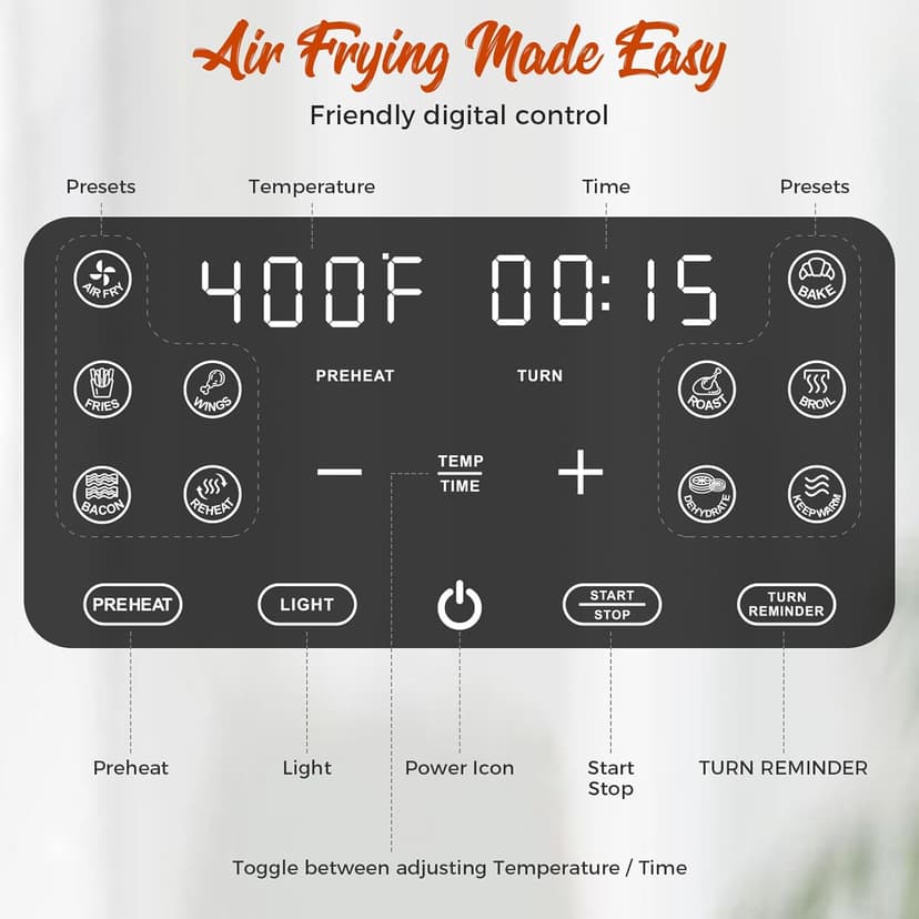 Kitchen Elite®Air Fryer with 360° turbo airflow technology, 8 Preset Functions, 8 Qt Family Size with Probe Thermometer ,Nonstick Square Air Fryer Basket with Window, Auto Shut Off Feature, Black