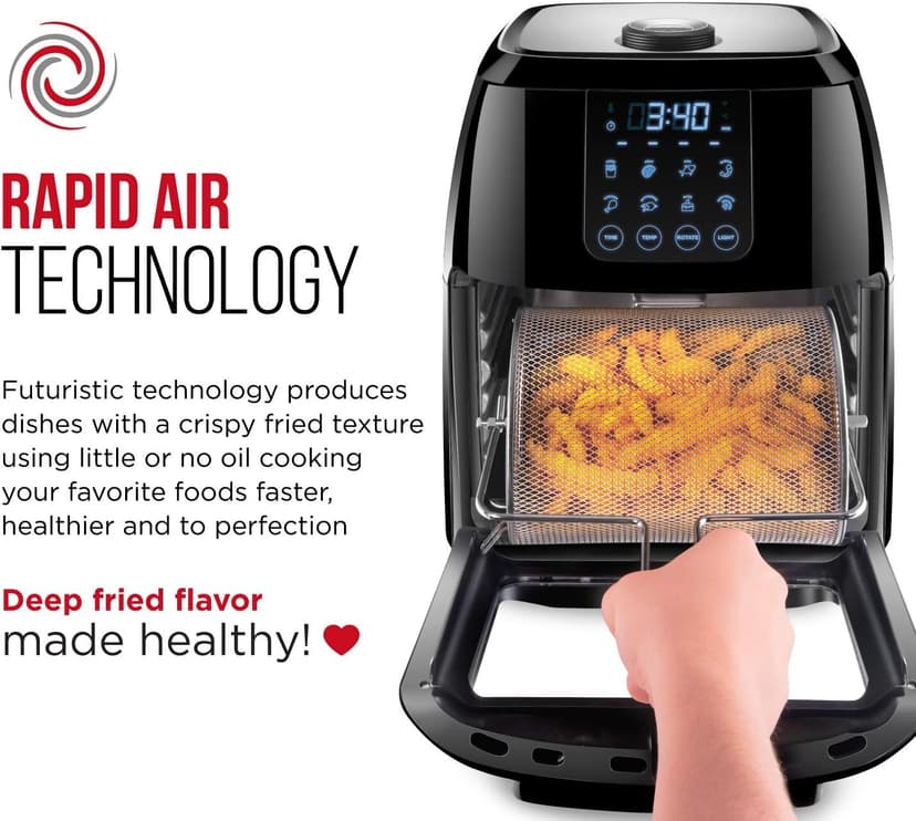 Chefman 6.3-Qt 4-In-1 Digital Air Fryer+, Rotisserie, Dehydrator, Convection Oven, XL Family Size, 8 Touch Screen Presets, BPA-Free, Auto Shutoff, Accessories Included, Black