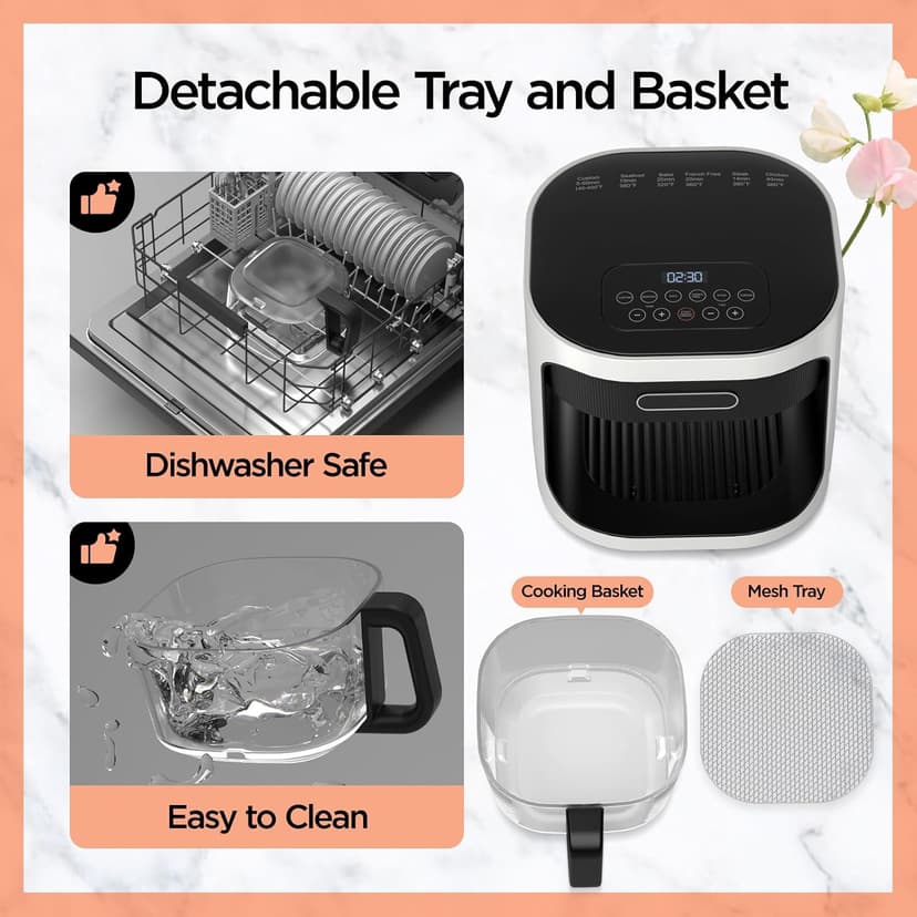 BOSWELL 4.5QT Glass Air Fryer, 6-in-1 Air Fryer with Transparent Fry Bowl, Circulating Air Heating, Bake, Broil, Air Fry, Temperature Control, Dishwasher Safe (White)