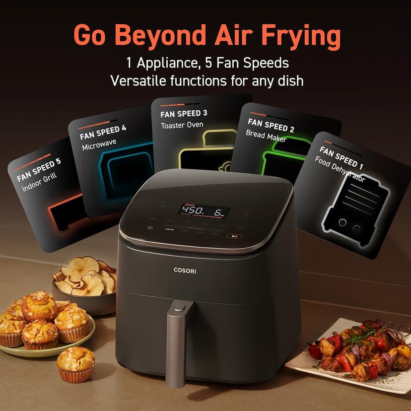 COSORI Air Fryer 9-in-1, Compact & Large 6-Qt, Fast Turbo Modes, 90-450°F Even Results, Precision Heating, Up to 95% Less Oil*, Roast, Bake, Dry, Reheat, Frozen, Broil, Proof, 120V, TurboBlaze, Grey