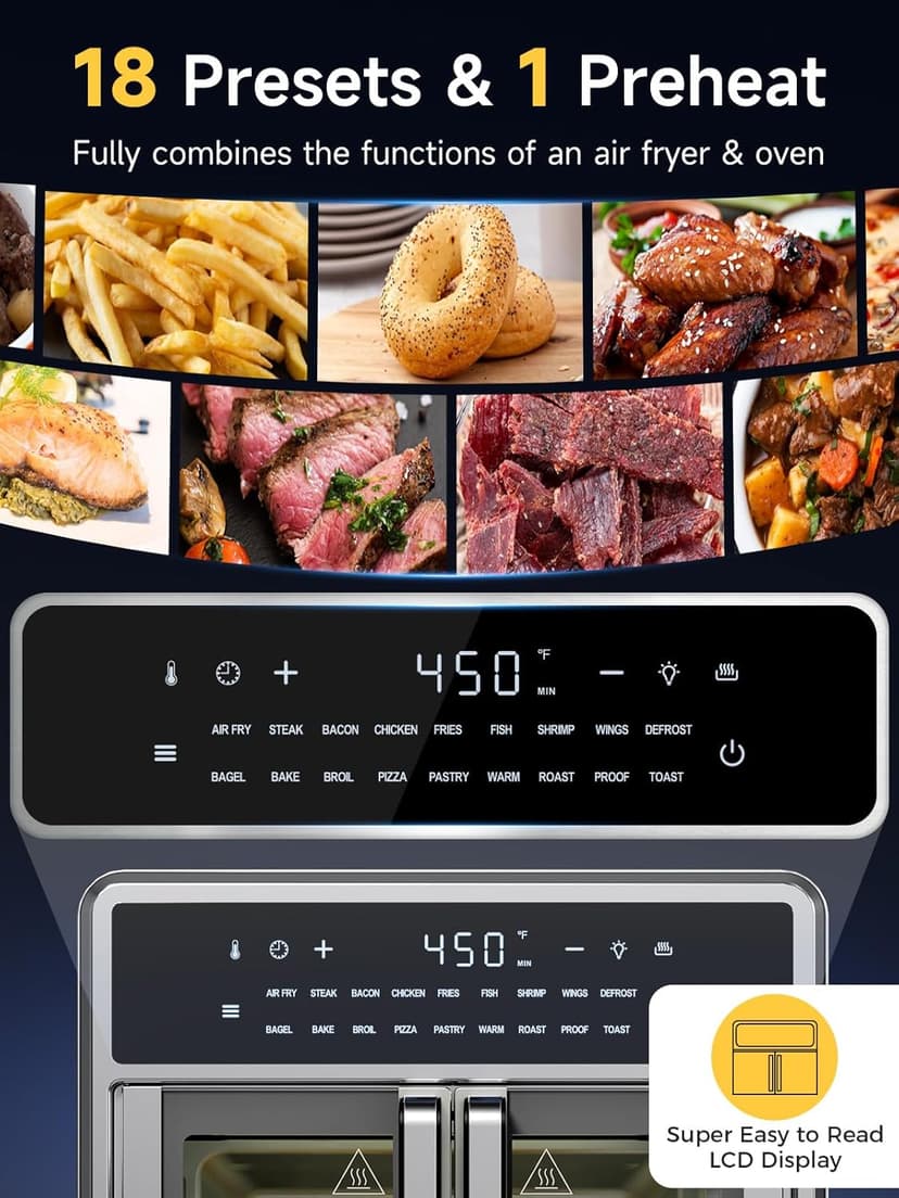 Air Fryer French Door Oven,15.8 Qt Toaster Oven Countertop Combo,18 Presets & 1 Preheat & Light, Airfryer Basket,Wire Rack,Baking Pan,Crumb Tray,Compact Design,Stainless Steel,Small