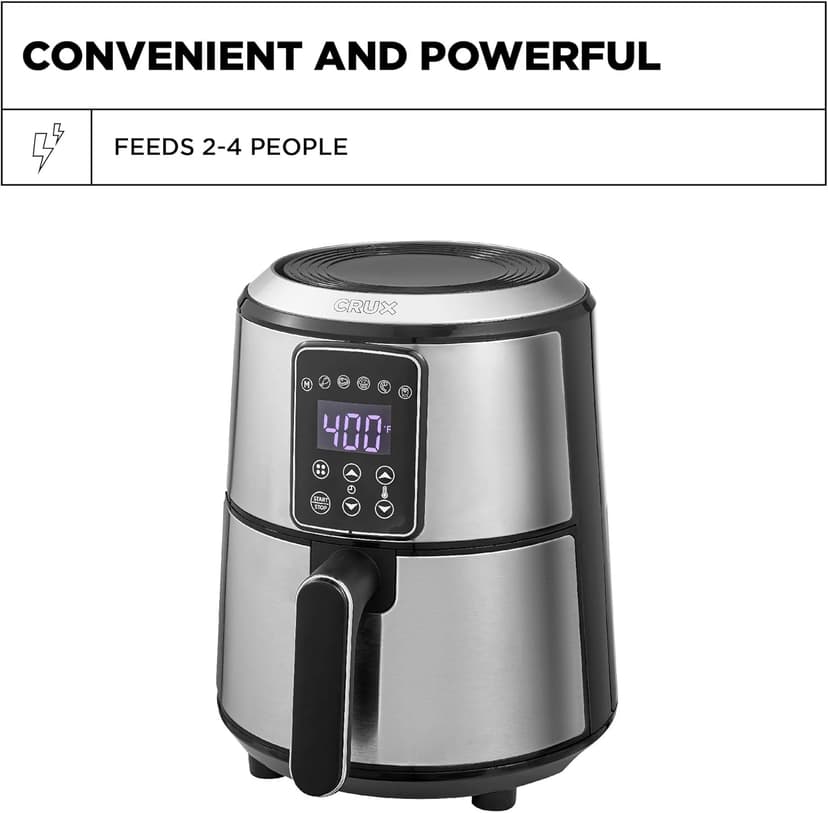 Crux 3QT Digital Air Fryer, Faster Pre-Heat, No-Oil Frying, Fast Healthy Evenly Cooked Meal Every Time, Dishwasher Safe Non Stick Pan and Crisping Tray for Easy Clean Up, Stainless Steel