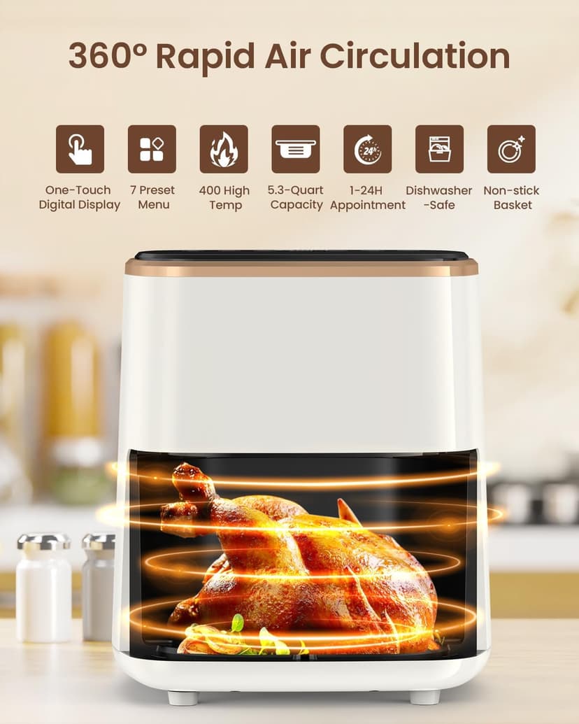 VEWIOR Air Fryer, 5.3Qt Airfryer with Viewing Window, 7 Custom Presets Large Oven with Smart Digital Touchscreen,Non-stick and Dishwasher-Safe Basket