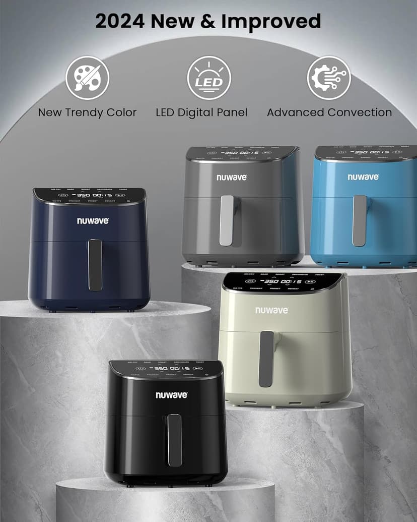 Nuwave Brio Plus Air Fryer 8 Qt, New & Improved, PFAS-FREE, 7 Digital One-Touch Cook Functions that AIR FRY, BAKE, ROAST, DEHYDRATE, TOAST, REHEAT, PREHEAT, 150 Presets, 50°F~400°F, 700/1500/1800W