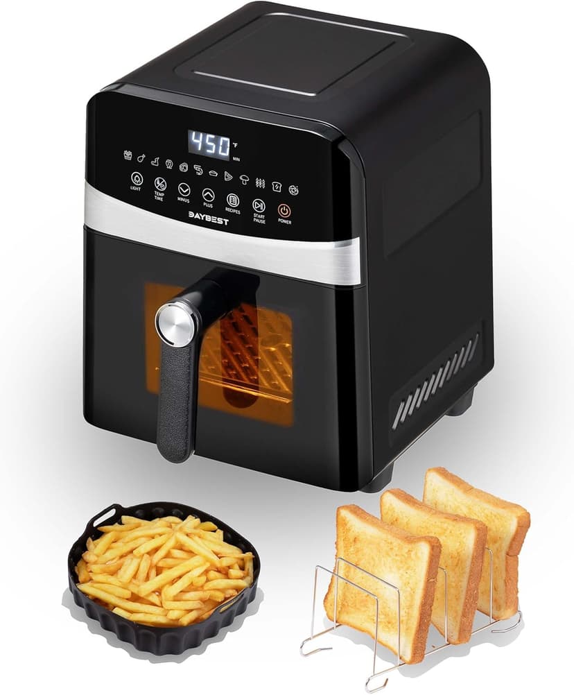 Ceramic Air Fryer Black Stainless Steel, DAYBEST 1700W Non Toxic Air Fryer Visible 6L with Top Bottom Heaters Less Flipping Auto Shut-off with Ceramic Coat Basket and Grill Pan (6L, Black)