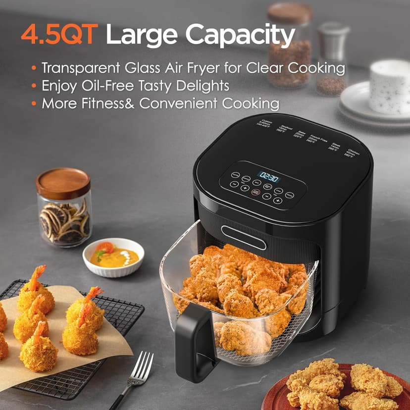 4.5QT Glass Air Fryer,1200W Multiple Air Fryer with Viewing Glass Pot,Nonstick & Dishwasher Safe Basket,Non-Toxic,Features Digital Timer, Automatic Shutoff,Used for French Fries,Fish,Cake (Black)