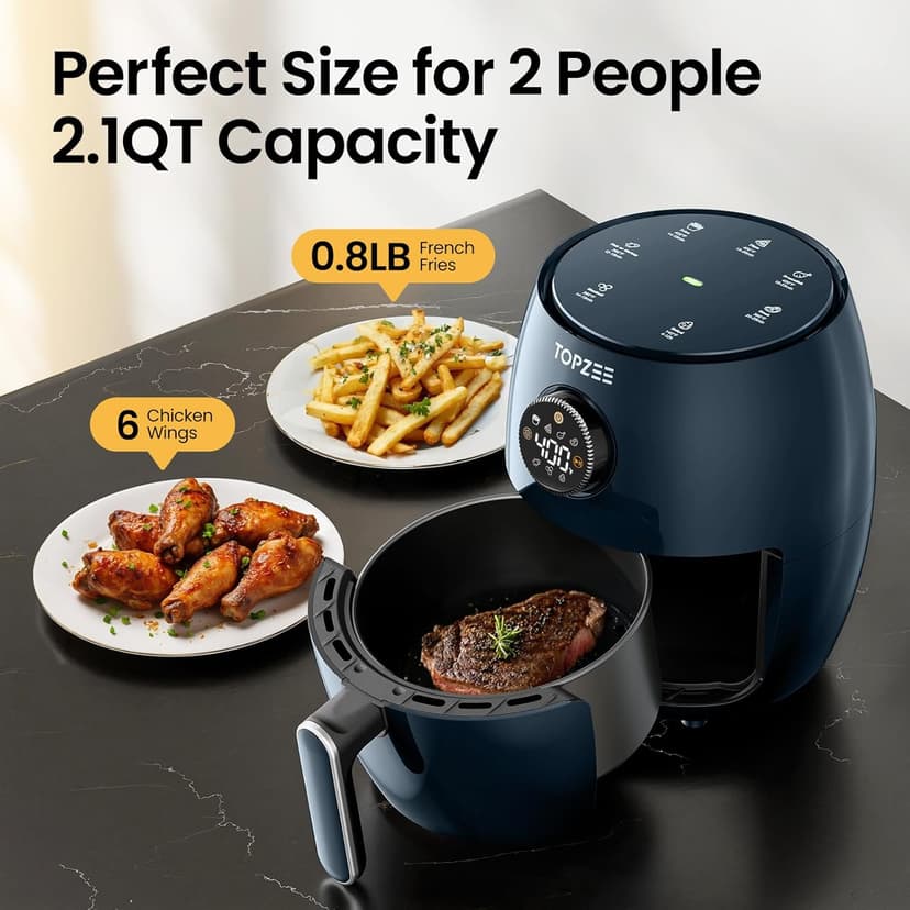 Small Compact Air Fryer, 2.1QT, 4-in-1 Small Mini Airfryer, Bake, Roast, Reheat, 98% Less Oil, Adjustable Temperature Control w/ 60min Timer, Quiet, Nonstick & Dishwasher Safe, BPA-Free, Dark Blue
