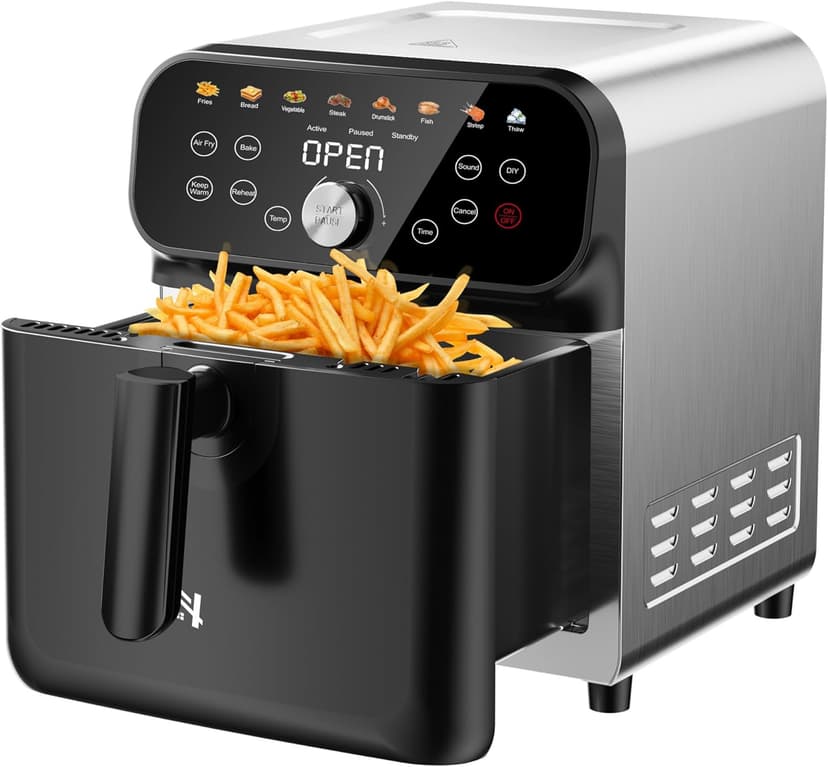 Air Fryer, 6QT Air Fryer Oven with LED Digital Touchscreen, 12 Preset Cooking Functions Air fryers, Bake, Reheat, Keep Warm, Nonstick and Dishwasher-Safe Basket, Stainless Steel/Black