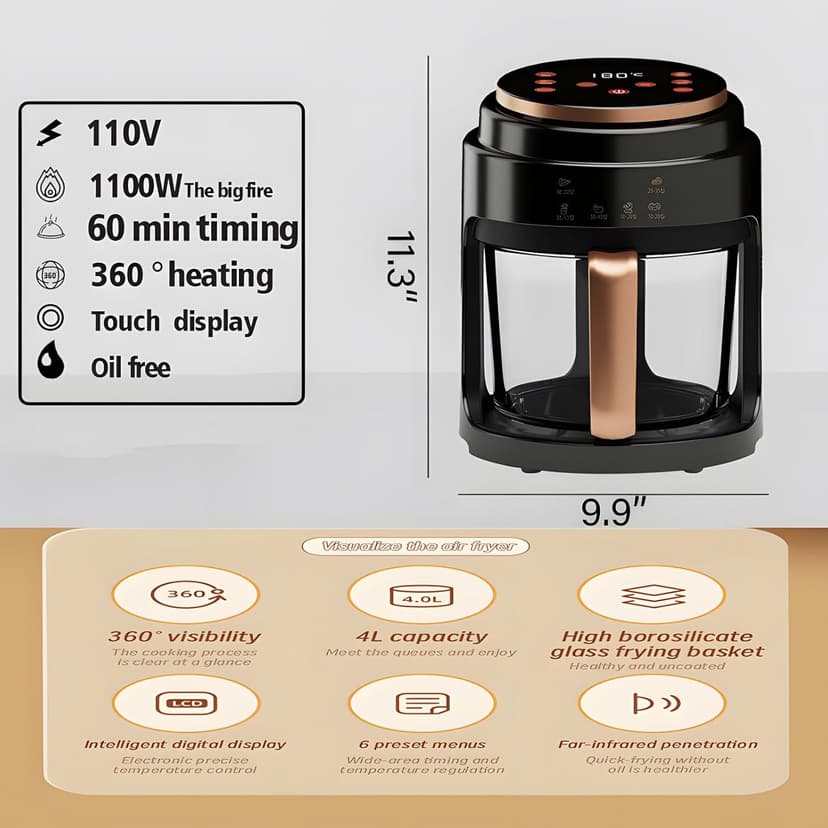 Glass Air Fryer,1100W 4.2Qt Smart Compact Air Fryers,360° Viewing Window,3d Three-Dimensional Hot Air Circulation Evenly,Cooks Quickly, 95% Less Oil for Healthier Meals, Easy To Clean,White