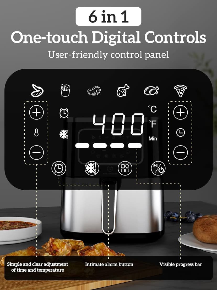 Kitchen Elite®Air Fryer Oven 5.5Qt, 6 Presets Digital Display Compact Cooker,Space-saving, Nonstick & Dishwasher Safe Basket, Stainless Steel