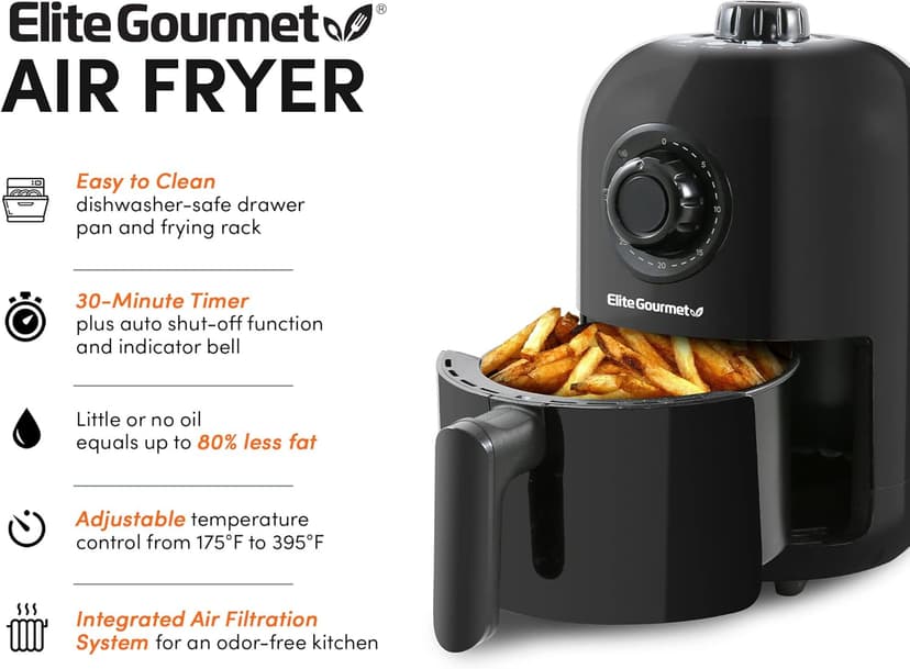Elite Gourmet EAF-1121X Personal 1.1 Qt. Compact Space Saving Electric Hot Air Fryer Oil-Less Healthy Cooker, Timer & Temperature Controls, 1000W Black