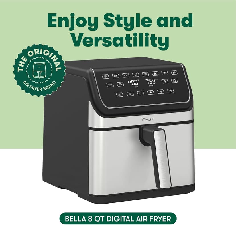 bella 8 Qt Digital Air Fryer with TurboCrisp Technology, Large Family Size Nonstick Cooking Basket and Crisping Tray, Multiple Preset Functions, Auto Shutoff, Stainless Steel, 1750 Watt