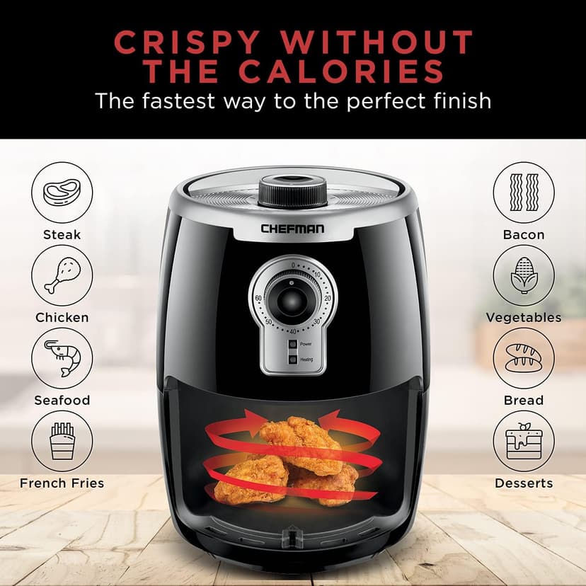 Chefman Small Compact Air Fryer Healthy Cooking, 2 Qt Nonstick, User Friendly and Adjustable Temperature Control w/ 60 Minute Timer & Auto Shutoff, Dishwasher Safe Basket, BPA-Free, 2 Quart, Black