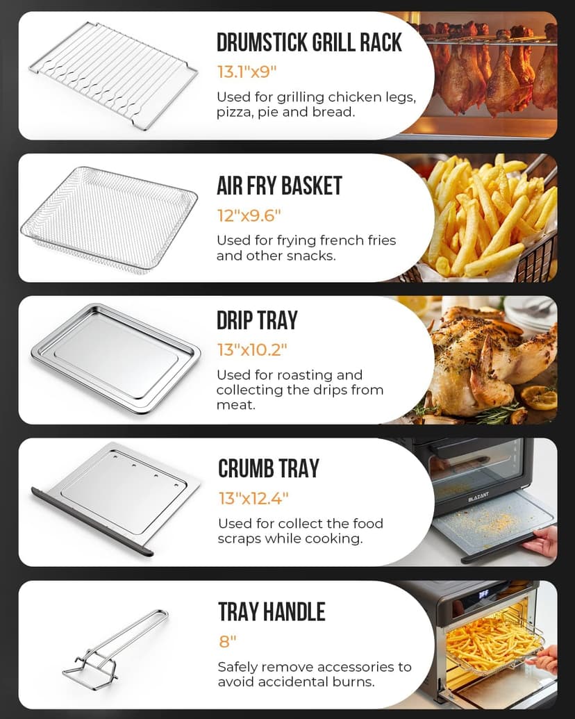 Large Capacity Toaster Oven Countertop, Dishwasher Safe Detachable Panel, 26QT Air Fryer Toaster Oven Combo, with Drumstick Grill, Air Fry, Crisp, Bake, Toast, Bagel, Pizza, Broil, Defrost, BLAZANT