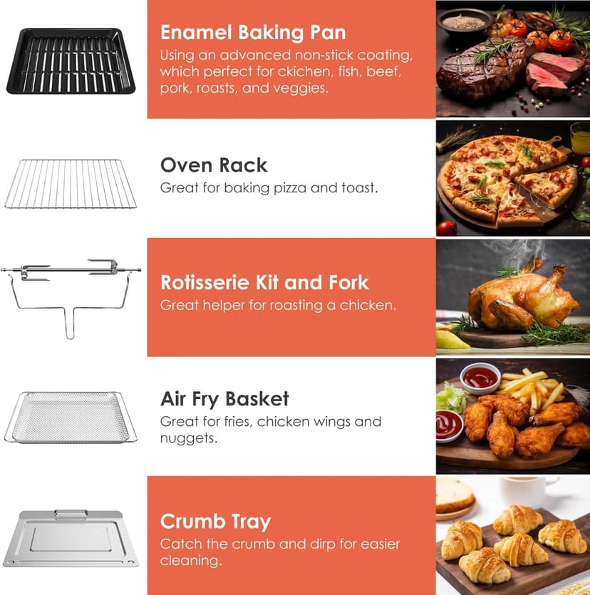 Kitchen in the box 32 QT Extra Large Toaster Oven Air Fryer Combo, 18-in-1 Convection Toaster Oven Countertop with Baking, Dehydrate and Rotisserie, 6 Accessories, 1800W