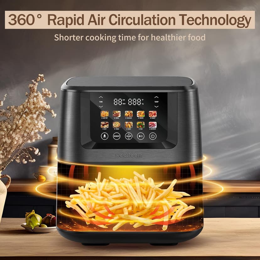 SEEDEEM Max XL Air Fryer, 8 Quart, 10-in-1 Hot Air Fryer Oven with Color LCD Display Touchscreen, Air Fryer Toaster Oven Combo with ClearCook Cooking Window,Broil, Roast, Dehydrate, Bake, Black