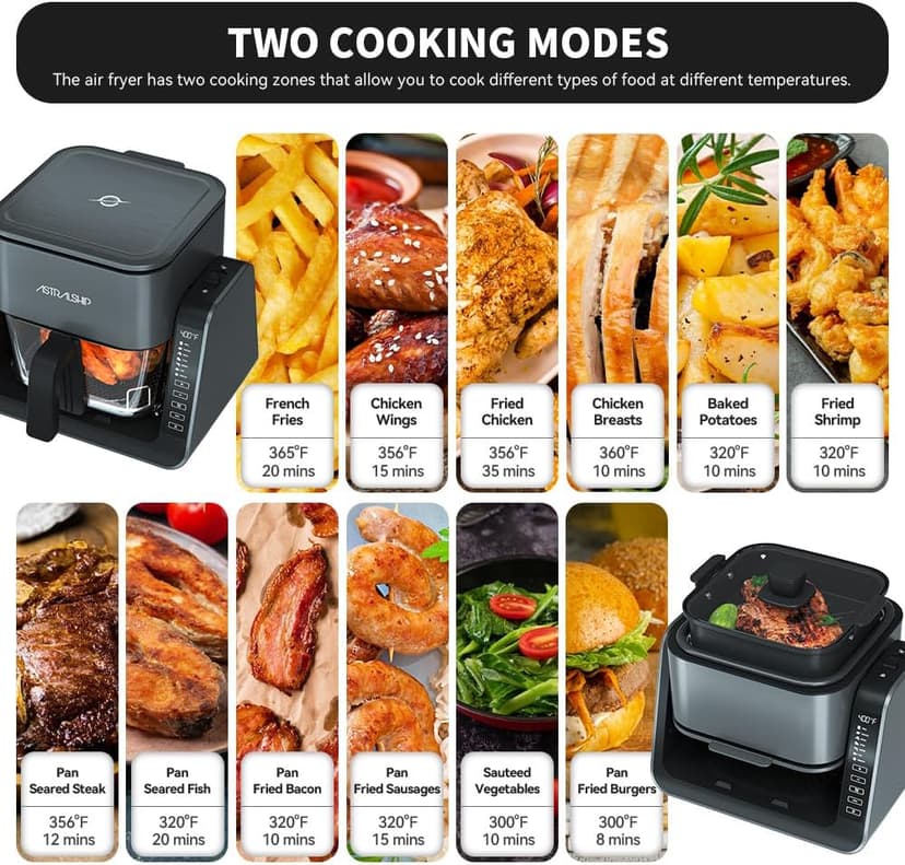 4.2 QT+1.3 QT Small Air Fryer non toxic, 2-in-1 Glass Air Fryer & Grill Pan Combo for kitchen, 7 Presets, 105-450℉, Portable Healthy Cooking, Non-Stick, Multi-Function for Frying, Griddle & Baking