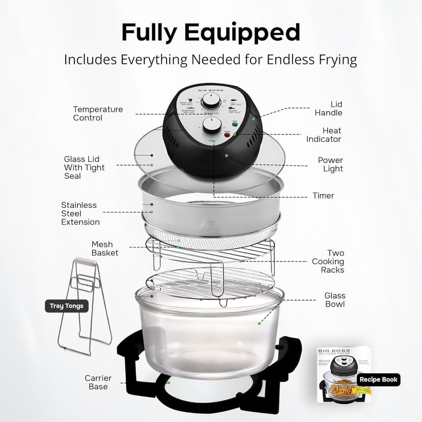 16Qt Large Glass Air Fryer Non Toxic – Family Sized Large Halogen Oven Cooker with 3 Cooking Sections, Stainless Steel Racks, French Fries, Chicken, No Preheat, Self Cleaning, Dishwasher Safe